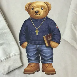 Christian Bear Sweater & T-Shirt - Blue Sweater with Gold Cross, Blue Jeans & Brown Shoes - Men & Women's Tops Long Sleeve & Short Sleeve