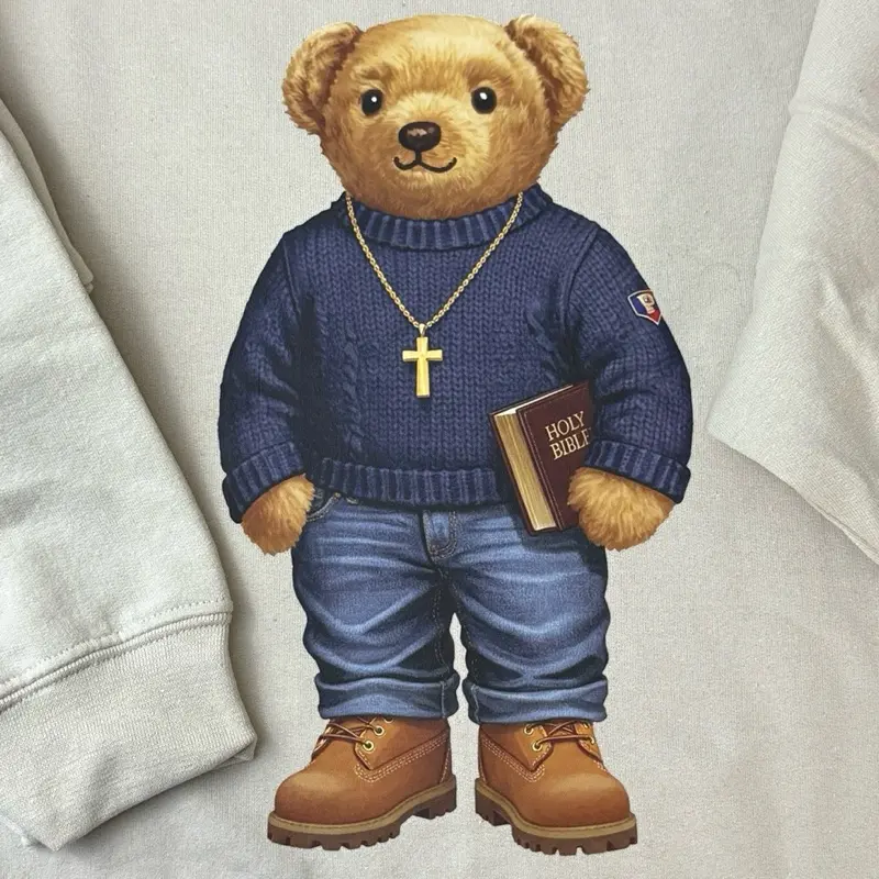 Christian Bear Sweater & T-Shirt - Blue Sweater with Gold Cross, Blue Jeans & Brown Shoes - Men & Women's Tops Long Sleeve & Short Sleeve
