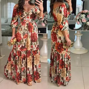 Lantern Sleeve Extra Long Bohemian-Style Floral Embroidered V-Neck Long A-Line Dress Vintage Casual Vacation Beach Dress