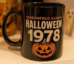 [Sale off up to 50%] Haddonfield Illinois Halloween 1978 Black Mug 11oz Vintage Horror Movie Coffee Cup Michael Myers Inspired Jack O Lantern Spooky Season, 11oz & 15oz ceramic mug
