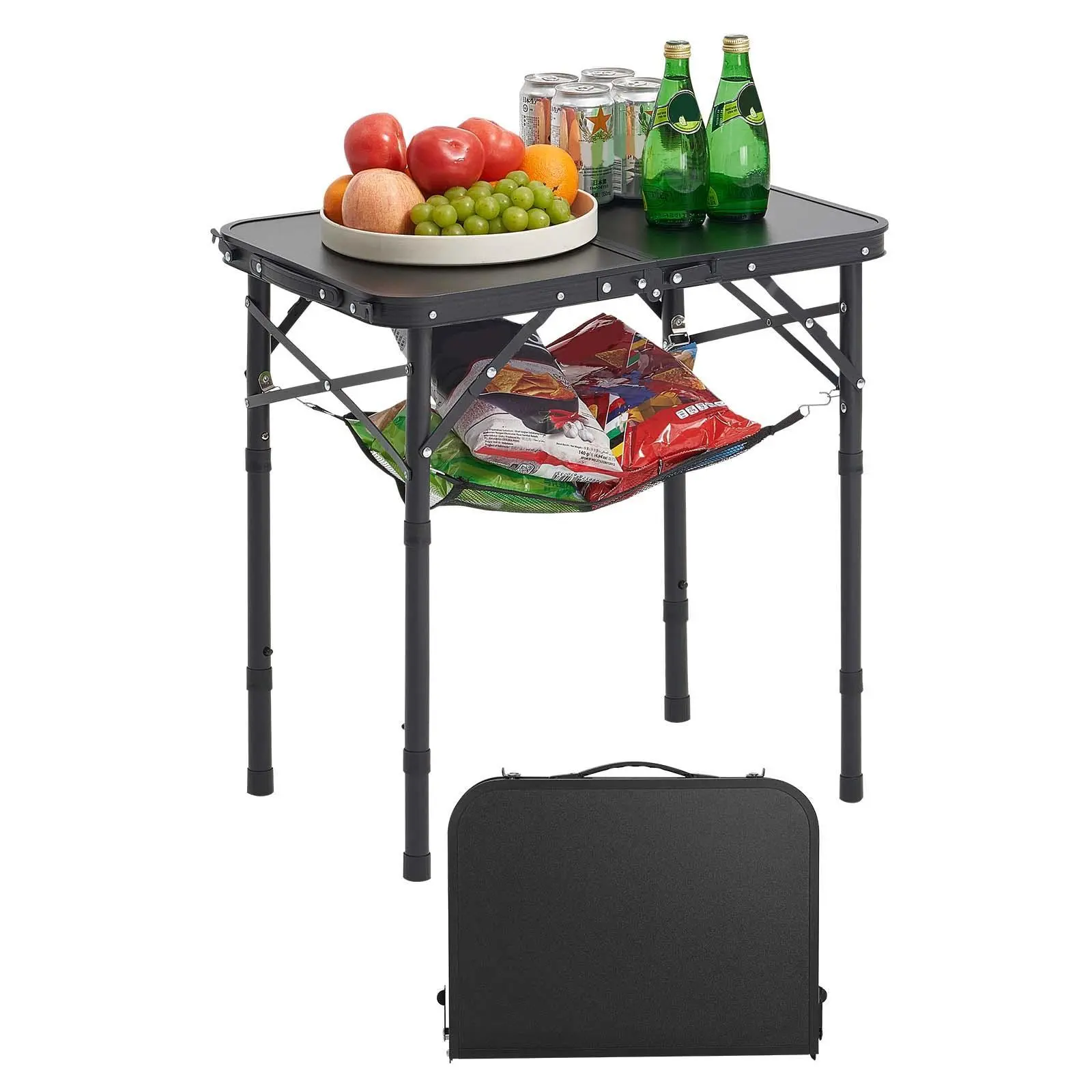 【SummerFinds】VEVOR Folding Camping Table,  Adjustable Height Portable Side Tables, Aluminum MDF Beach Table with Mesh Layer, Carrying Handle, Lightweight Compact for Outdoor Picnic BBQ Cooking, 24x16in, Black