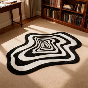Black white striped rug, 1 count geometric irregular shape rug, soft non-slip area rug, artist design rug, Modern abstract rug, room decor, gift for designers, machine washable easy to clean, suitable for living room and bedroom, decorative rug