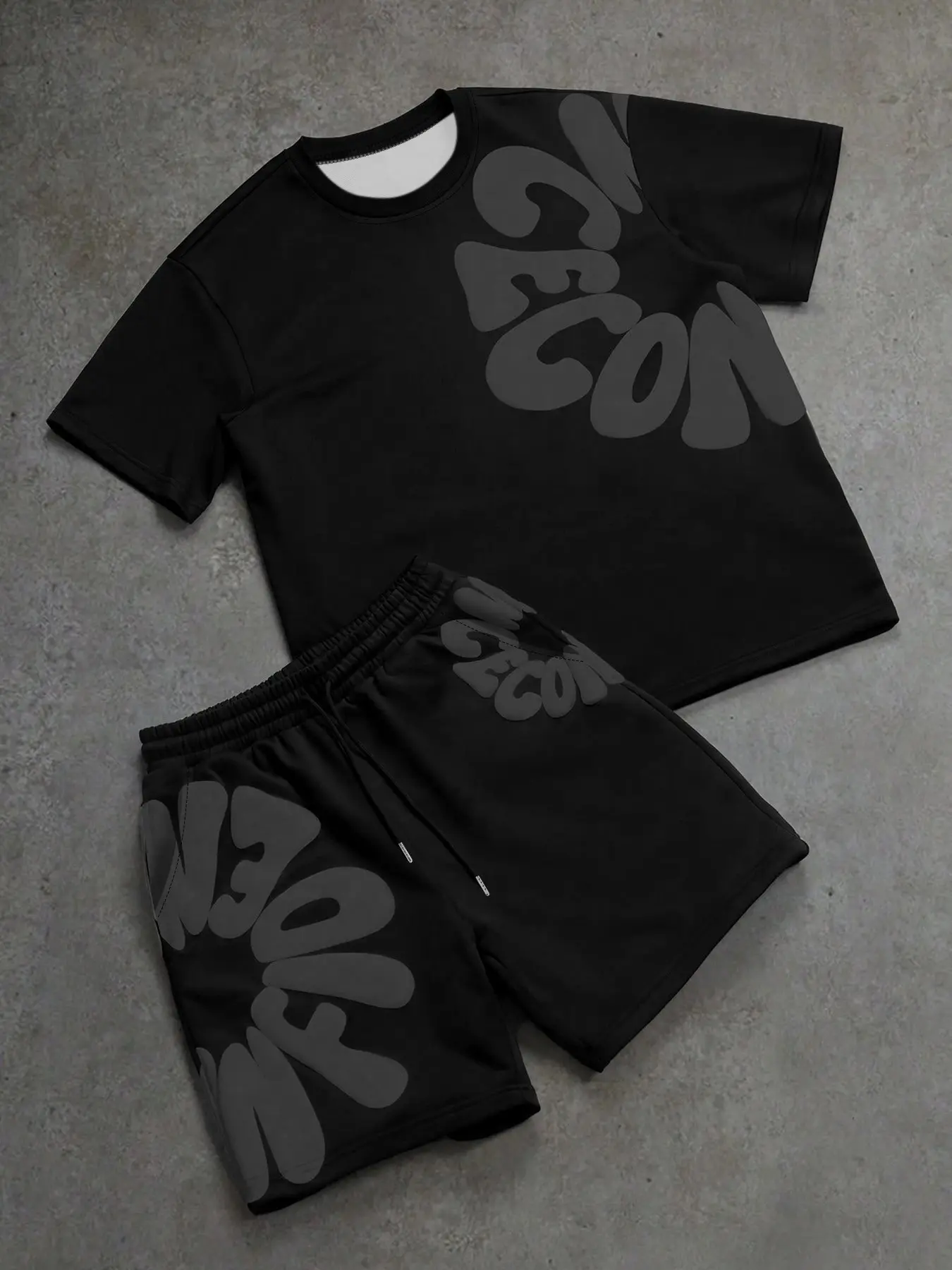 Letter Print Sports Set, Monochromatic Design, Loose Fit, Street Style, Casual Comfy Sporty, Casual T-Shirt, Geometric Pattern, No Collar, No Button, Fashion Summer Sportswear, Casual Sportswear Outfit