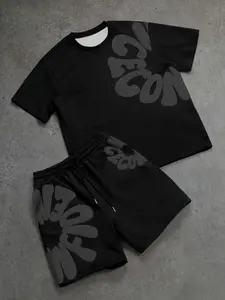 Dark Style Bubble Letter Print Sports Set, Monochrome Design, Loose Fit, Streetwear Cool Look, Casual Geometric Pattern T-Shirt