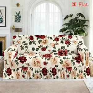 1pc Sofa Cover, Living Room Pastoral Style Retro Red Rose Floral Printed Skirt Sofa Cover, Stretch Full Wrap Sofa Slipcover, Removable & Washable Sofa Protector, Universal Skirt Style Sofa Cover for Living Room, Home Decoration, 2D Flat Printing