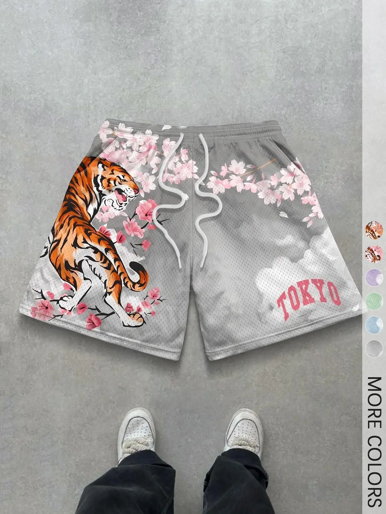 1 Pack Men's Mesh Athletic Shorts Tokyo Street Style Tiger Cherry Blossom Print Breathable Printed Shorts for Daily Basketball Workout Casual Wear