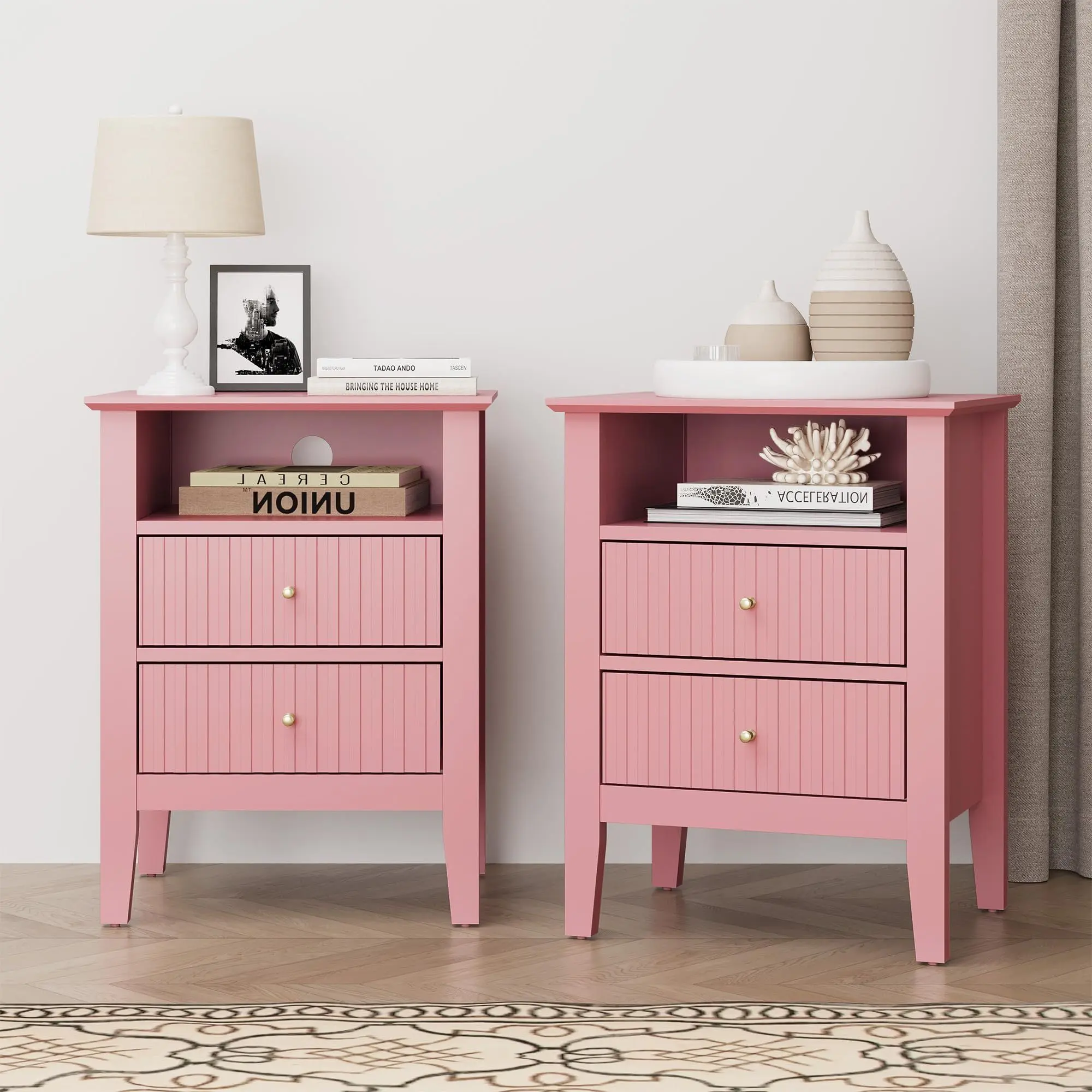 Pair Set Modern Fluted Pink Wooden Night Stands - Chic Indoor End Tables with 2 Drawers and Gold Handles for Bedrooms