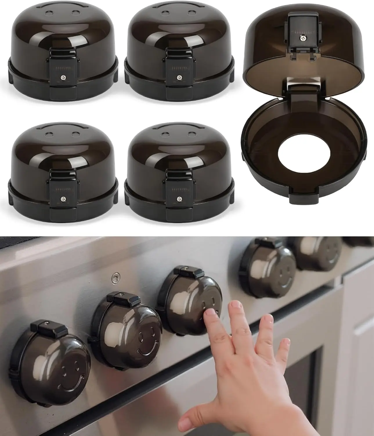Kitchen Stove Knob Safety Covers - 5-Pack Heat Resistant Oven Knob Covers with Flat Bottom, 3M Strong Adhesive, Dual-Button Safety Lock & Visual Design for Kids, Black, Measure