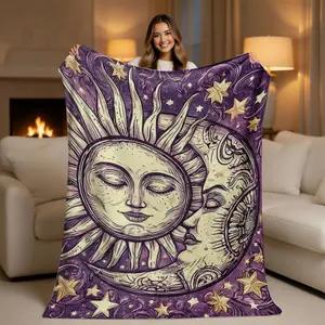 Mystical Sun and Moon Celestial Throw Blanket Purple Gold Starry Night Soft Fleece Cozy Aesthetic Blanket Boho Vintage Astrology  Sun Moon Face Fantasy Home Decor Sofa Couch Bed
