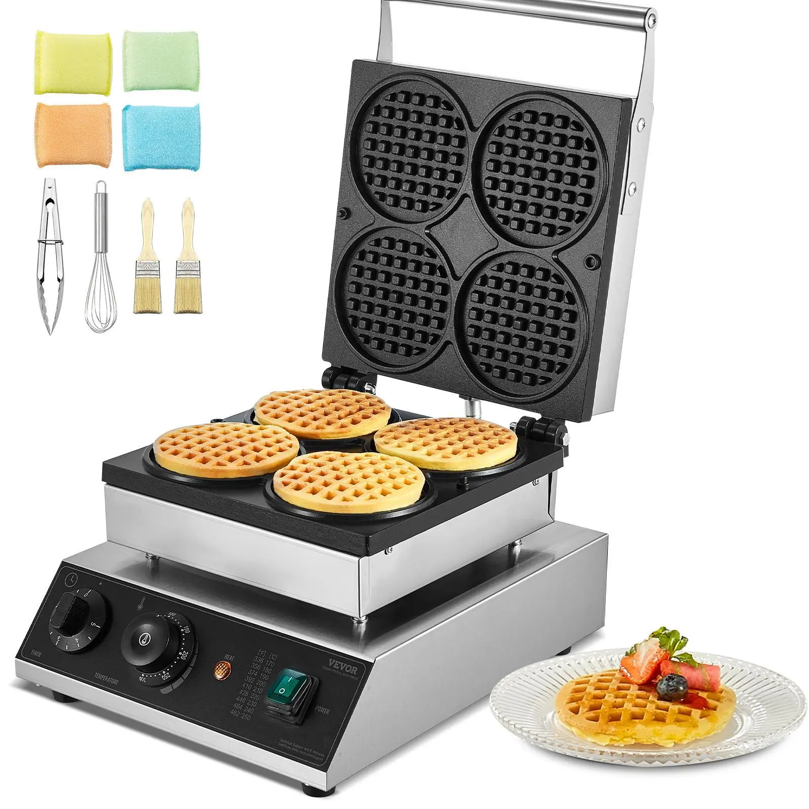 【summerfinds】VEVOR Commercial Waffle Maker, 4PCS Round Waffle Baker Machine,1750W Non-Stick Stainless Steel Belgian Waffle Iron with Temperature and Time Control, for Restaurant Bakery Snack Bar Family