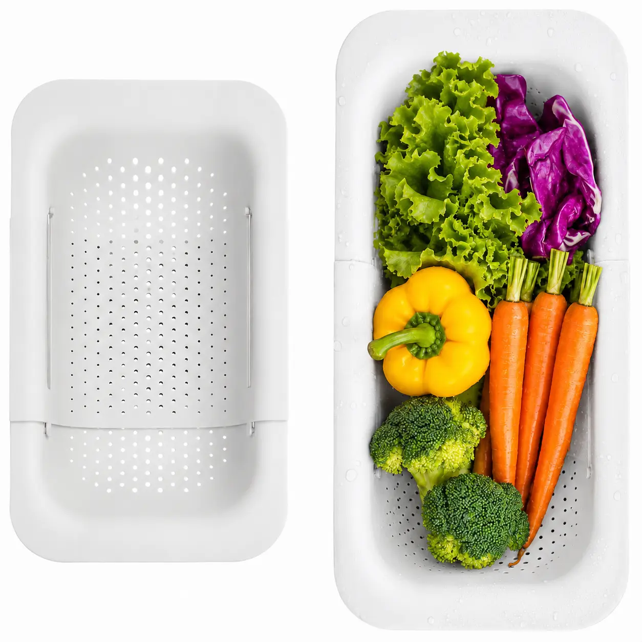 Over Sink Strainer Basket, Expandable Kitchen Colander for Washing Produce, Adjustable Drain Rack with Perforated Design, Vegetable Fruit Rinse Basket for Kitchen Counter and Sink Use
