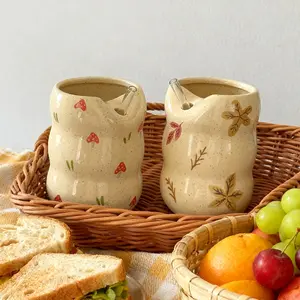 Hand-Sculpted Irregularly Painted Ceramic Cup, Minimalist Filter Handheld Mug, Reusable Washable Retro Kitchenware, Cute Stylish Drinkware for Home Office, Ideal Couple Gift, Reuse,summervibes