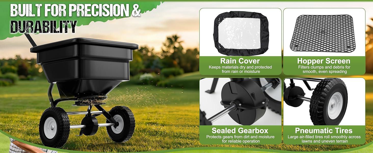 Fertilizer Spreader 100LB Capacity, Walk-Behind Push Broadcast Spreader with Hopper Screen & Rain Cover, 0–10FT Spreading Width, Seed & Salt Spreader, 12" Pneumatic Wheels, 30-Level Flow Control