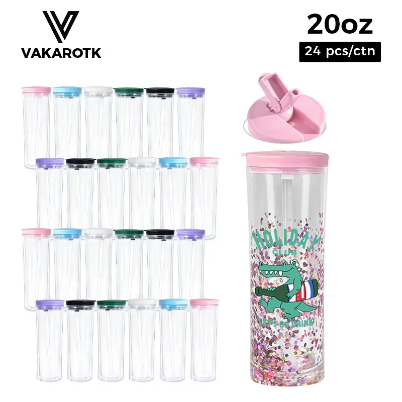 VAKAROTK 24 PCS 20 oz Mixed Color Snow Globe Tumbler BPA Free Double Wall Plastic With Pre Drilled Hole Plugs Flip Straw for DIY Reusable Drinkware Portable