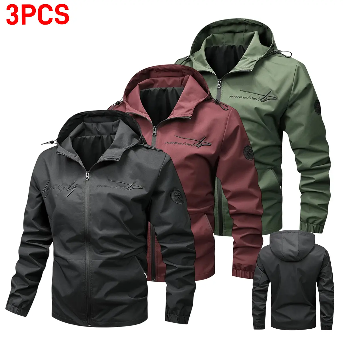 Men's Athletic Basic Lightweight Windproof Cycling Jackets (3pcs) - Stand Collar, Zipper Pockets, Non-Stretch Breathable Fabric, Durable for Camping&Hiking, Urban Commuting, Professionals & Enthusiasts, Mountain Bike, Do Not Bleach, Casual, Embroidery, V-
