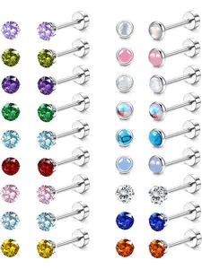 18 Pairs Flat Back Earrings Hypoallergenic Stainless Surgical Steel Screw Back Stud Earrings for Women Men 20G Tiny CZ Opal Birthstone Nap Cartilage Flatback Earrings Set