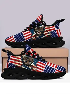 Men's Flag Cat Print Lace Up Blade Sole Sneakers, Casual Comfortable Breathable Sports Running Shoes, Male All-match Round Toe Shoes for Daily Wear