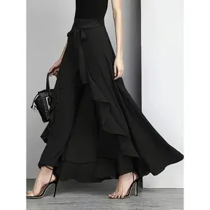 Plus Size High Waist Wide Leg Pants | Asymmetrical Tie Detail, Casual Style, Solid Color, Slight Stretch Fabric for Spring/Summer/Fall