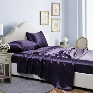 BEKRVIO-4-Piece Bomboo Satin Sheet Set Faux Silky Soft Cooling Wrinkle-Free Deep Pocket Fitted Sheet Flat Sheet Pillowcases Bedding for Hair & Skin King Queen Twin Breathable Solid Color Luxury