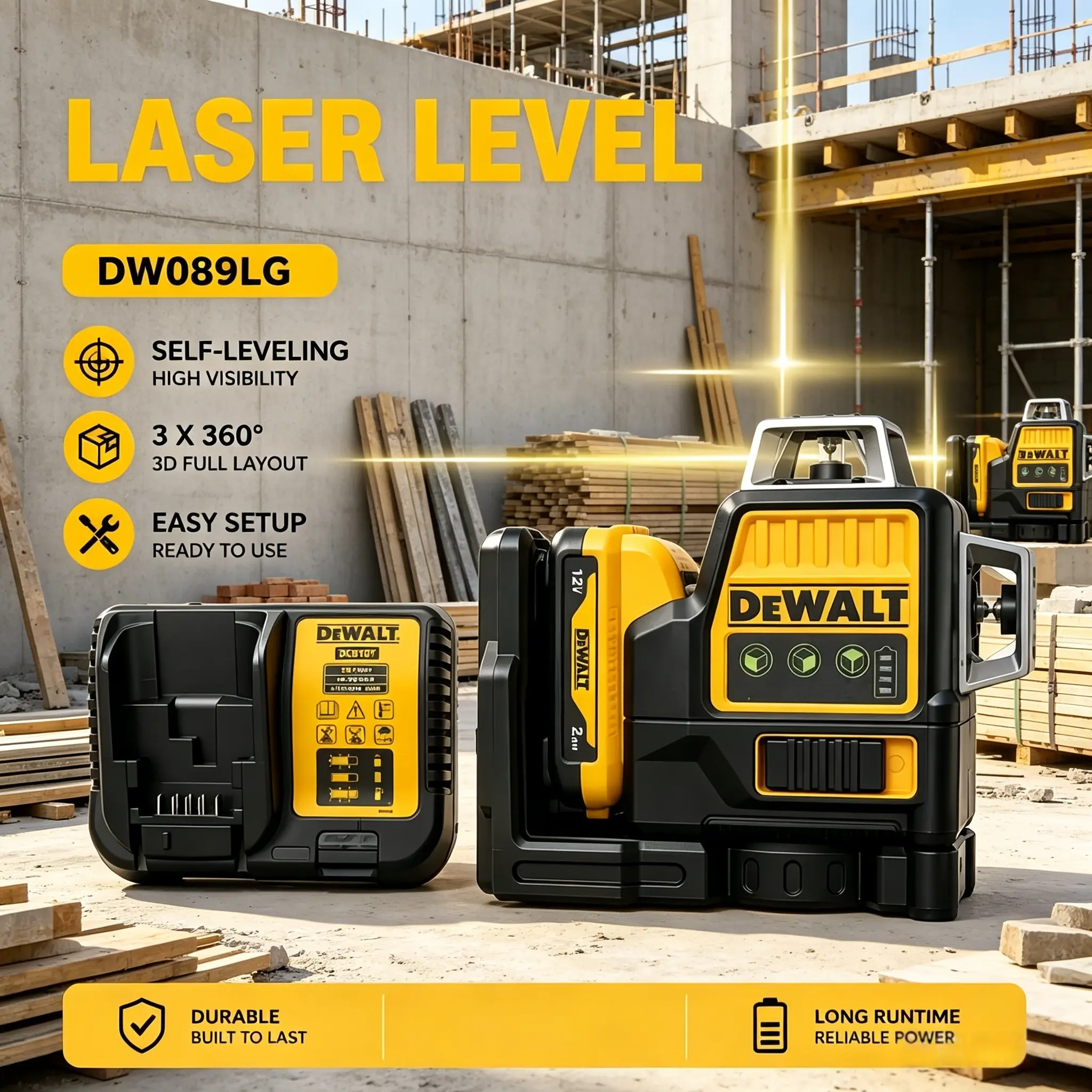 DEWALT DW089LG 12-Line 3x360° Green Self Levelling Laser Level, 12V Lithium Rechargeable Batteries, Over-Molded Body Absorbs Daily Bumps, Debris-Resist IP65 Rated for Dust & Wet Jobs, 1/4"-&5/8" Mount Construction Hand Tool