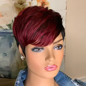 Short Synthetic Pixie Cut Wig – Wine Red & Black Straight Bob with Highlight – New Fashion Style