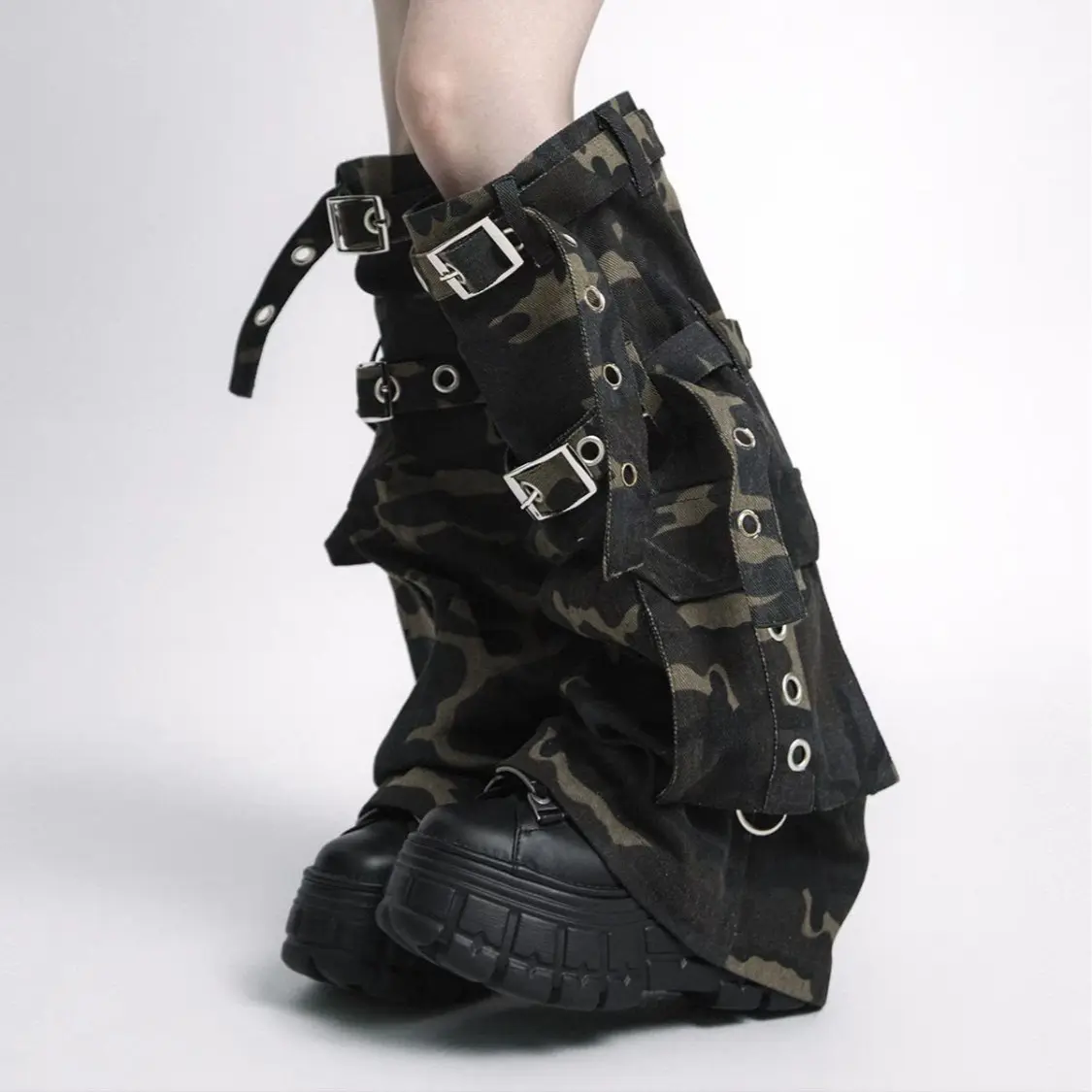 Techwear Style Unique Subculture Heavyweight Camo Washed Distressed Denim PunkWasteland Baddie Tie-Up Leg Warmers For Women