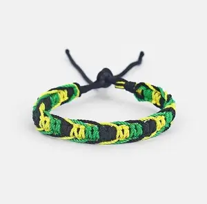 Reggae Jamaica Surfer Boho Rainbow Friendship Bracelets - Cotton Cord, Silk, Green Yellow Black Colors
