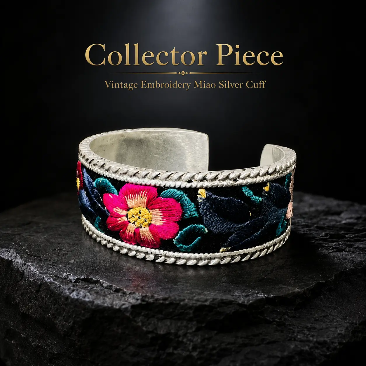 Handmade Miao Silver Cuff Bracelet, 1-of-a-Kind Old Miao Embroidery, Cuff Shape Collectible Fashion Costume Jewelry Wearable Art