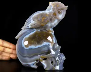 Amazing 5.1" Agate Geode Carved Crystal Skull With Owl Sculpture, Crystal Healing