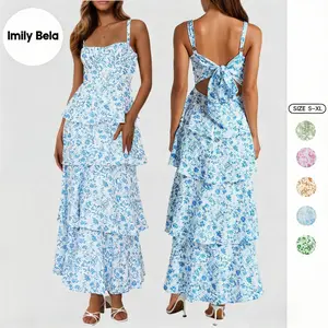 Imily Bela New Womens Floral Maxi Dresses Spaghetti Strap Casual Sleeveless Ruffle Flowy Tiered Dress Comfort Fit