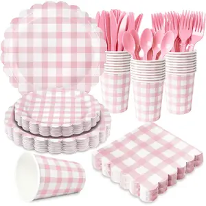 175 PCS Pink Gingham Party Supplies Includes Paper Plates Cups Napkins Cutlery for Baby Bridal Shower Wedding Birthday Outdoor Picnic, Serves 25