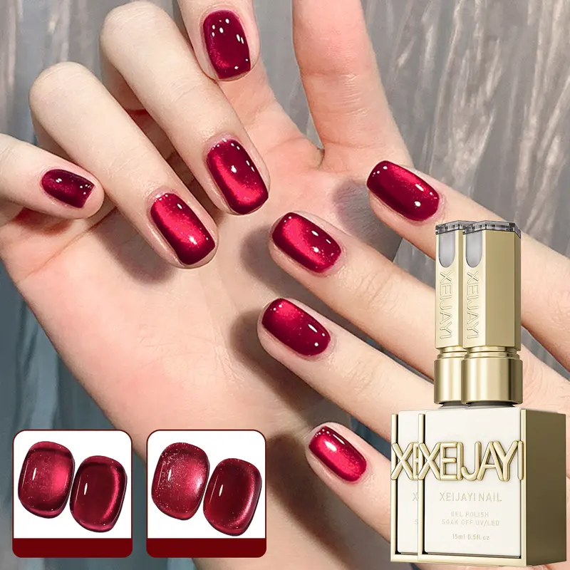 XEIJAYI 15ML Glossy Ancola Red Cat Eye Fingernail Polish, TPO-HEMA-Alcohol-Free UV LED Manicure Gel, Flower-Enhanced Adults' Home Salon Nail Products, Festive Gift, Long-Lasting