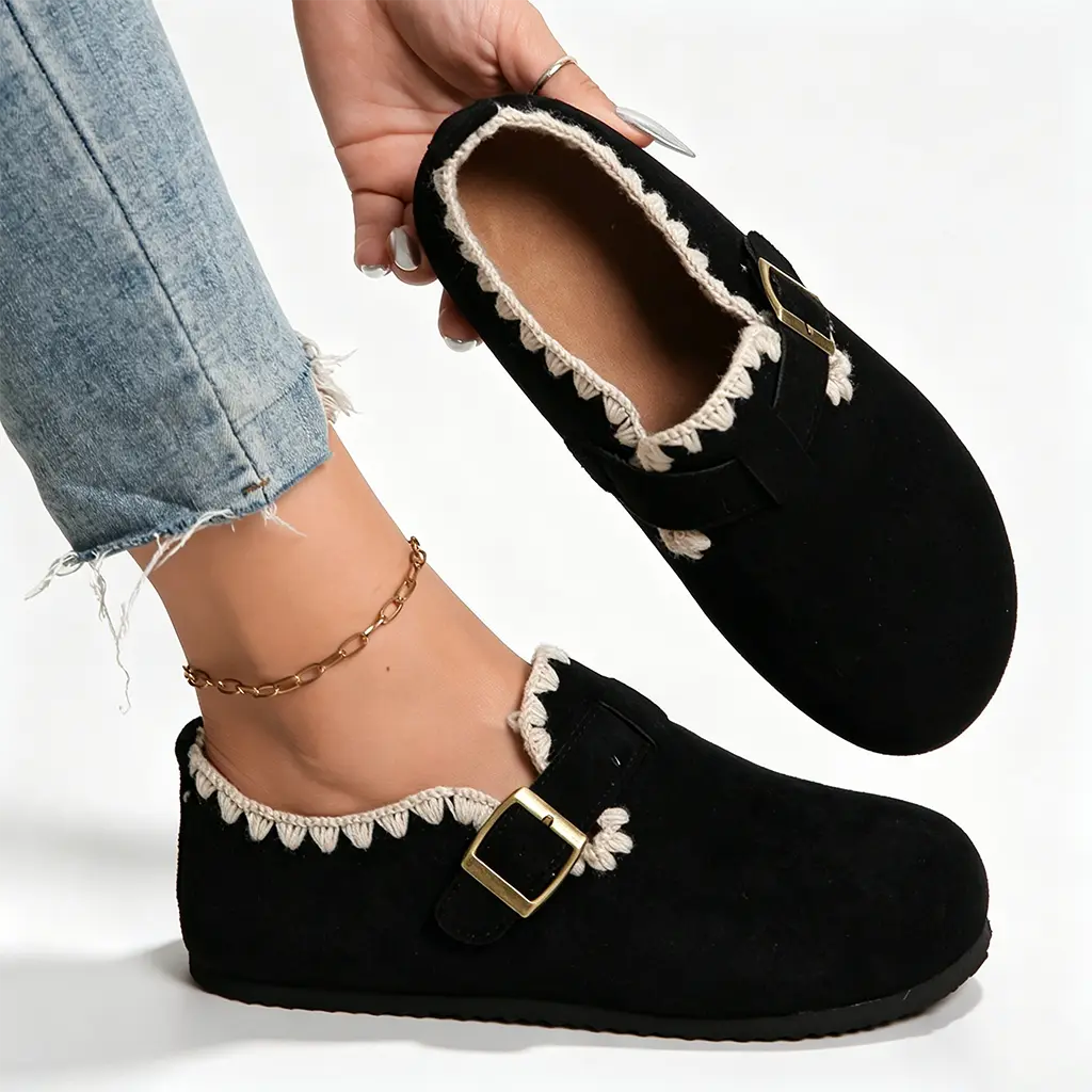 Women's Bohemian Slip-On Flats with Crochet Trim, Round Toe Synthetic Loafers with Adjustable Buckle, Cushioned Walking Shoes for Casual Wear