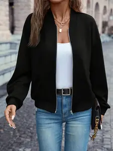 New Women's Spring Coat Solid Fitted Jackets Stand Collar Ribbed Edge Zipper Design Elegant Fashion Commuter Versatile High-End Feel