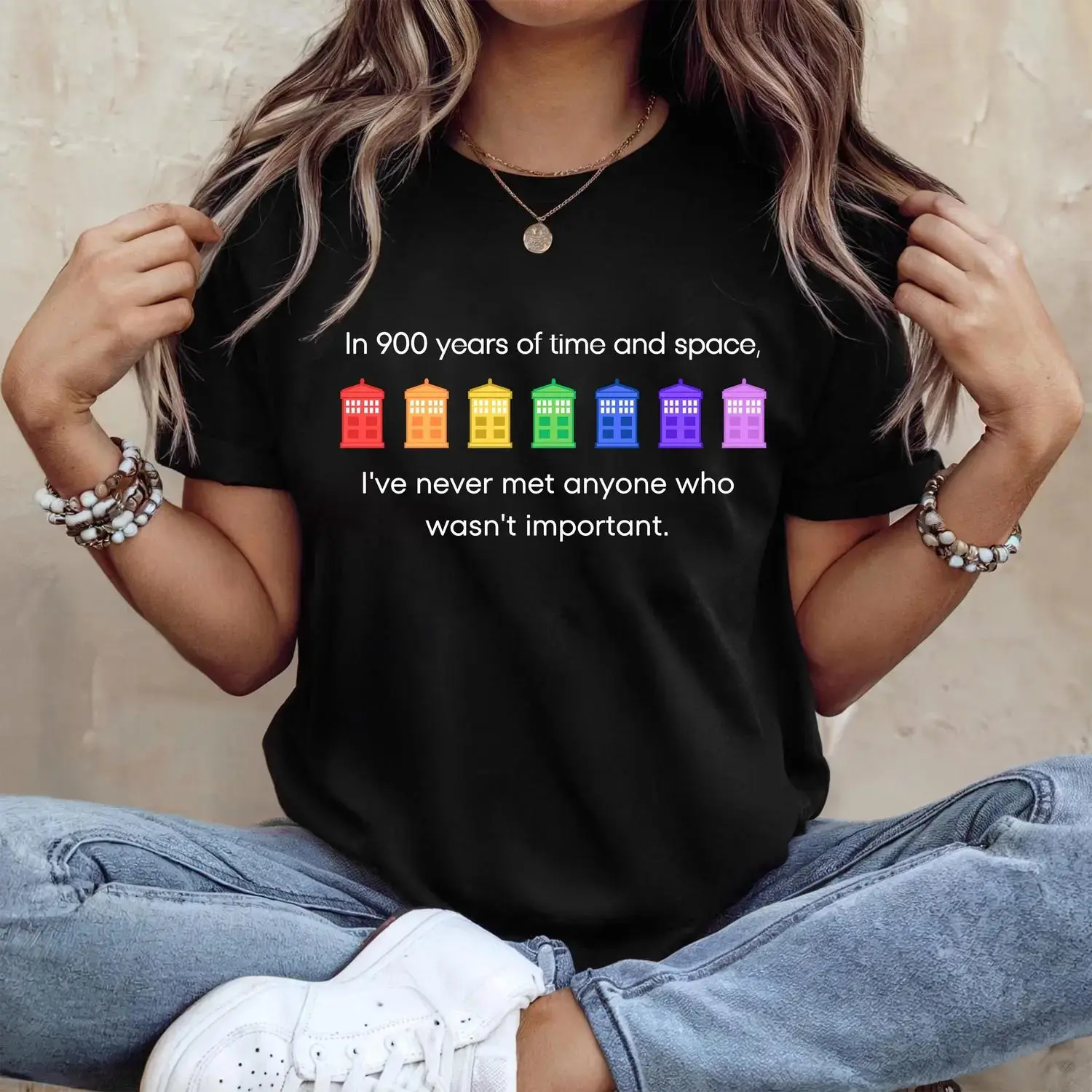 Pride Rainbow Police Box Shirt Featuring 11th Doctor Quote Celebrating LGBT Pride Month and Doctor Who Parody