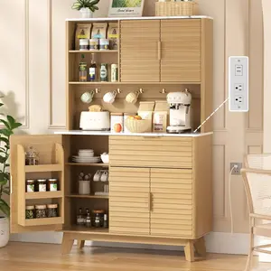 Vabches Modern Natural Freestanding Storage Cabinet - Farmhouse Buffet & Credenza Cabinets, Indoor Furniture with 4 Charging Stations, Large Countertop, Multiple Drawers, Shelves, Fluted Design for Kitchen, Living Room, Farmhouse Buffet Cabinets, Modern C