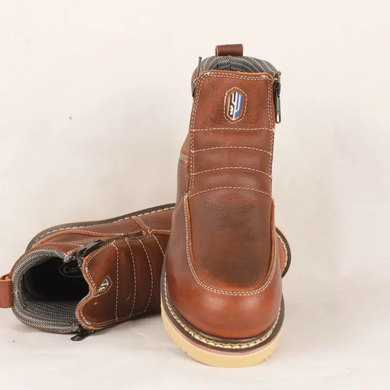 Men's Leather Round Toe Work Boots - Functional, Waterproof, Slip-Resistant, Zipper Closure, Rubber Sole Durable Footwear