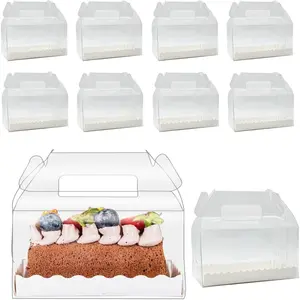 30 Pcs 6.3 Inch Clear Roll Cake Gable Boxes with Handle & Cake Boards, Transparent Plastic Gift Boxes，Easy Carrying Pastry Containers for Bakery Christmas Wedding