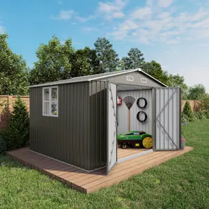 10 x 8 FT Outdoor Storage Shed, Large Metal Storage Shed, Lockable Door and Air Vent, Clear Window Garden Tool Shed for Bicycles, Tools, Lawnmowers, Backyards, Patios, Lawns - Gray   WL RR