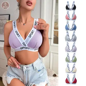 Women's  Sports Bras Deep V Neck No Pads Triangle Cup Bralette Letter Print Cross Back Yoga Bra Seamless Breathable Workout Bras for Gym Fitness