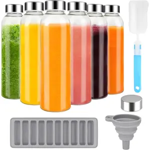 Zukro Glass Juice Bottles with Lids for Juicing 18 Oz, Reusable Clear Glass Water Bottles with Stainless Steel Airtight Cap for Refrigerator, 100% Leak Proof, BPA Free, Set of 6 Zukro