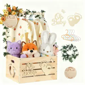Wooden Baby Shower Crate Closet, Baby Shower Basket with 4 Handles, Oh Baby Sign & Artificial Garland, Decoration, Newborn Gift for Parents, Boxes