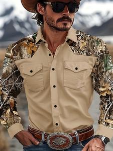 Men’s Casual Button-Collared Long-Sleeve Khaki Camouflage Spliced Stylish Tops - High-Quality Polyester Fabric, 2 Patch Pockets, Fitted Cut, Aesthetic Splicing Craft, Button Detail, Autumn Occasions