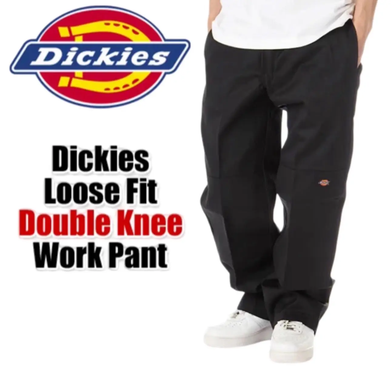 Dickies Men's Loose Fit Double Knee Work Pants in Classic Cotton Twill, Straight Leg Trousers with Zipper and Multi-Use Pocket