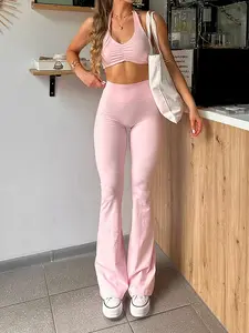 Women's Halter V-Neck Yoga Set, Ruched Cropped Tank Top with High Waist Flare Pants 2 Piece Workout Outfit, Slimming & Versatile Activewear, High Stretch & Breathable, Perfect for Gym, Running & Sports Occasions，yoga pants，gym outfits