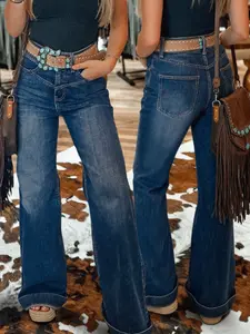 American Western Wide Leg Denim Jeans for Women, Deep Indigo Washed Turn-Down Hem Pants, Vintage Sexy Slim Fit, Versatile Fashion Womenswear