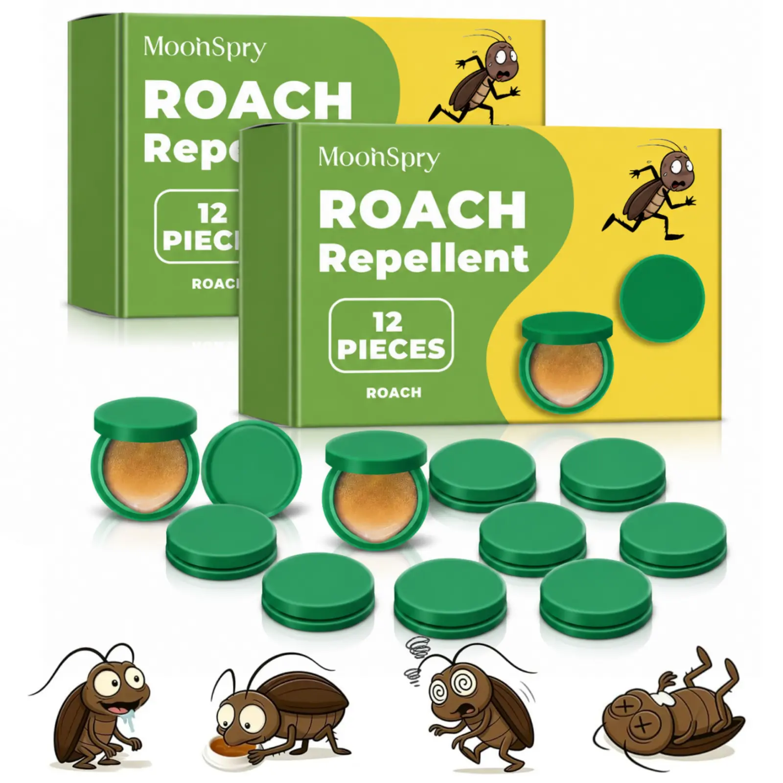 MoonSpry Roach Bait Station, 12-Pack, Ready-to-Use Cockroach Bait | Kill Roaches Where They Hide, Breed, & Nest, No-Mess, Kills German, American, & Oriental Roaches, Indoor & Outdoor Control