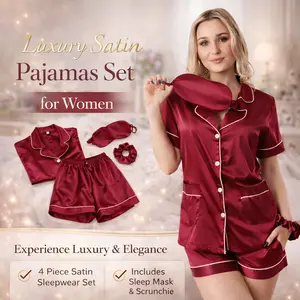 Taniri Luxury Satin Pyjamas Set for Women, 4 Piece Essential Gift Set with Sleep Mask and Scrunchie, Silky Bridesmaid Pyjamas, Bridal Party Womenswear Elegance, Slip Feel Wedding Morning Loungewear, Plus Size