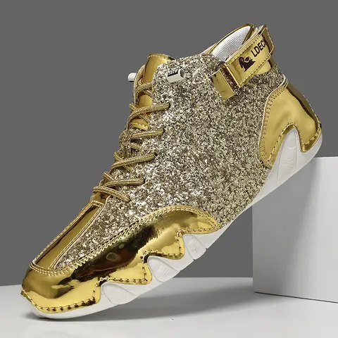 Men's & Women's Gold High-Top Glitter Finish Patent Leather Footwear - Casual Streetwear Sneakers, Velcro Strap + Lace-Up, Anti-Slip White Sole, Suitable for Party, Street Fashion Outfits (4 Seasons), Walking Shoes