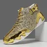 Men's & Women's Gold High-Top Glitter Finish Patent Leather Footwear - Casual Streetwear Sneakers, Velcro Strap + Lace-Up, Anti-Slip White Sole, Suitable for Party, Street Fashion Outfits (4 Seasons), Walking Shoes
